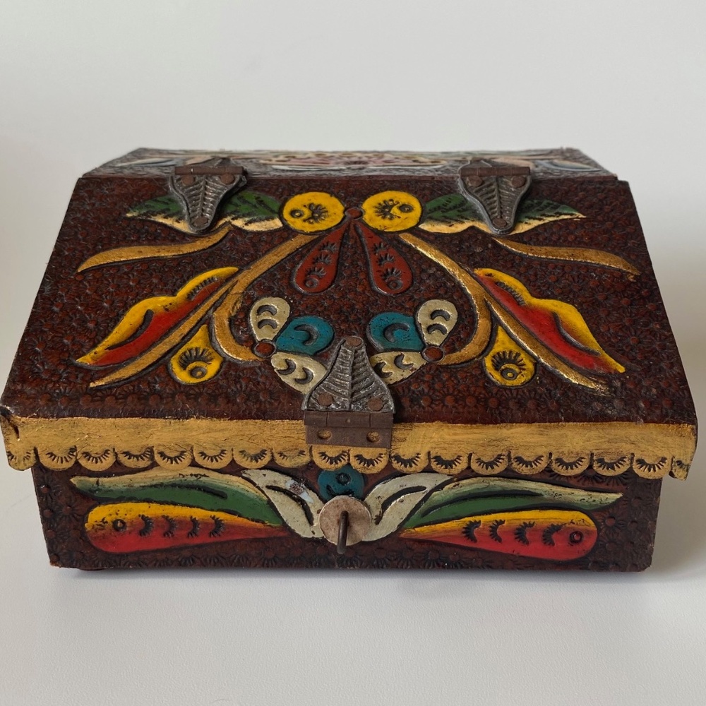 Vintage TOOLED LEATHER BOX with Drawers Leather on Wood Hand Painted Rare